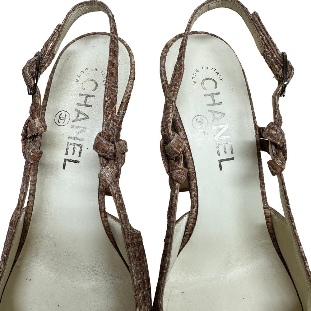 Chanel Tweed CC‎ Interlocking Bronze Raffia Slingback Platform Heels Cap Toe 37 - Picture 9 of 13